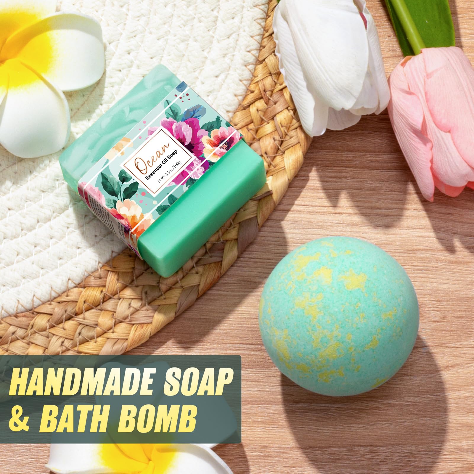 Savon artisanal fleurs Qinline, senteurs marines pour rituel douche.