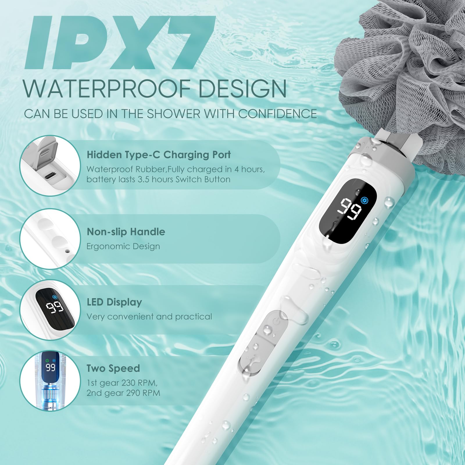 Recharge USB-C rapide pour la brosse Qinvone et autonomie prolongée.