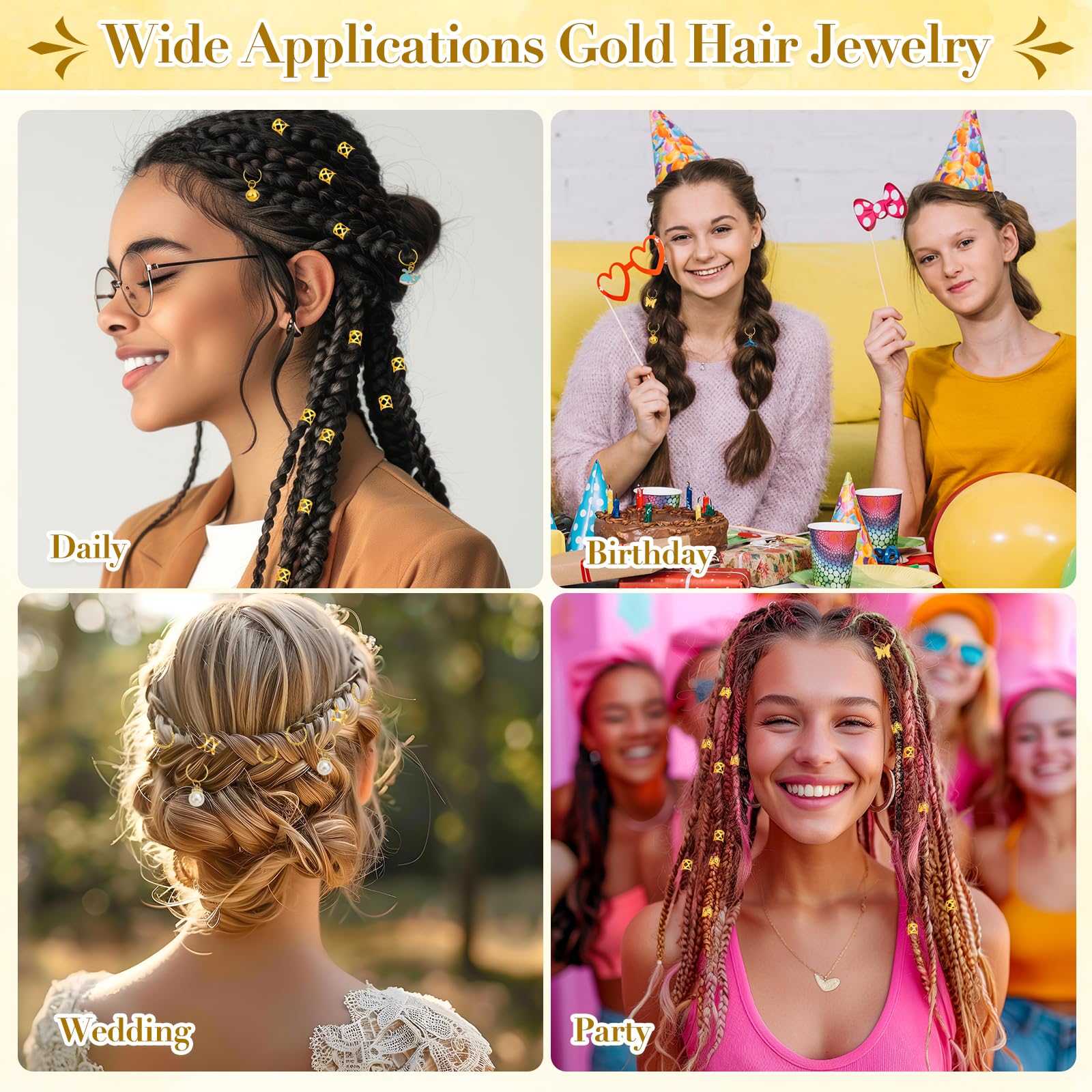 Qinzave décorations-cheveux-or-pour-tresses: décorations faciles à placer pour un look raffiné.