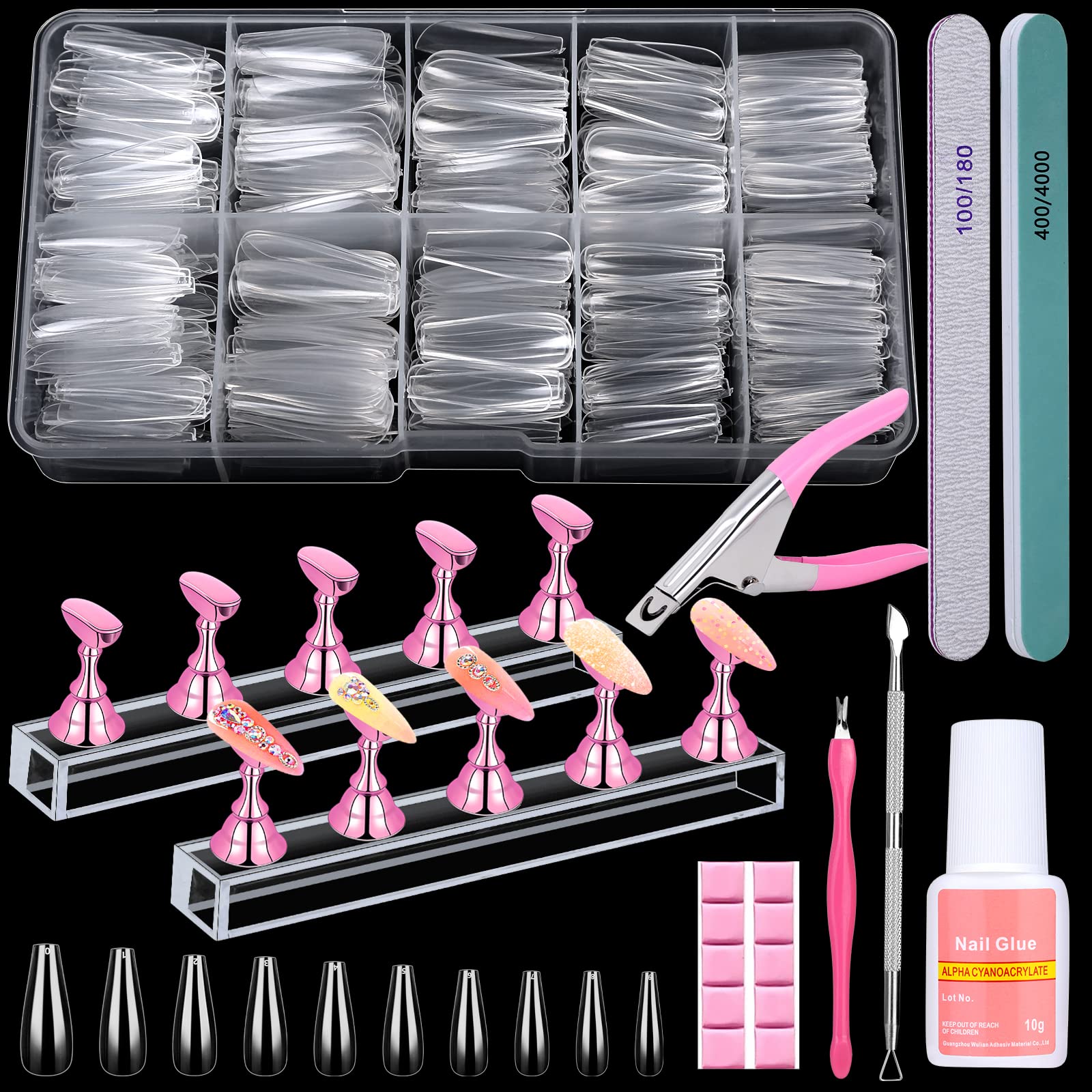 Qinzave embouts d'Ongles forme cercueil transparents, pour creer des ongles professionnels à domicile.