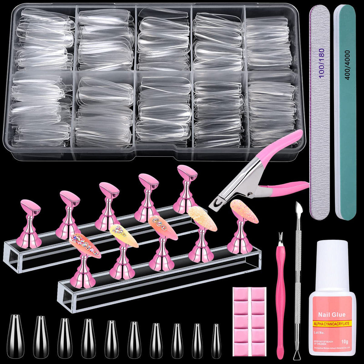 Qinzave embouts d'Ongles forme cercueil transparents, pour creer des ongles professionnels à domicile.
