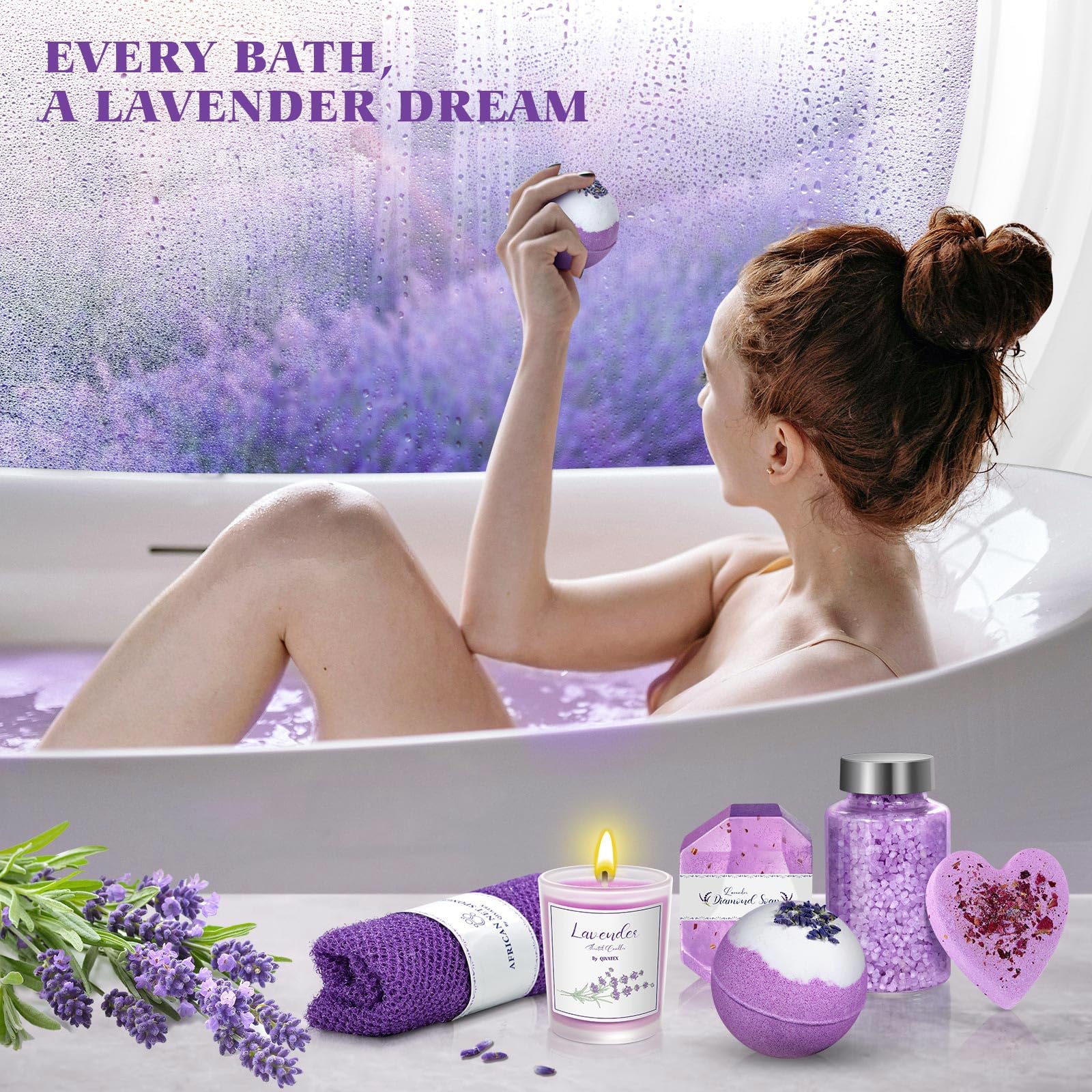Qivatex bombe-bain lavande, effervescence apaisante pour spa à domicile.