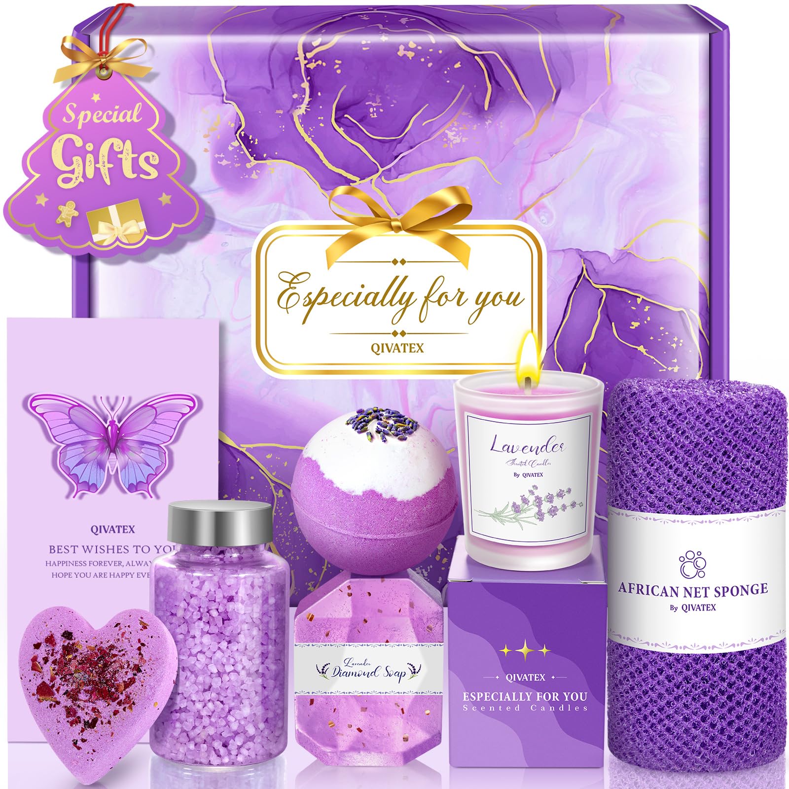 Qivatex bombe-bain lavande pour relaxation aromatique à la maison.
