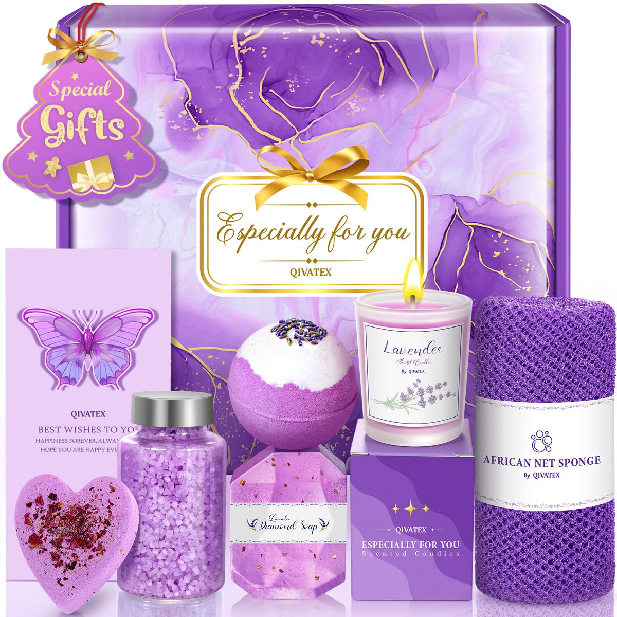 Qivatex bombe-bain lavande pour relaxation aromatique à la maison.