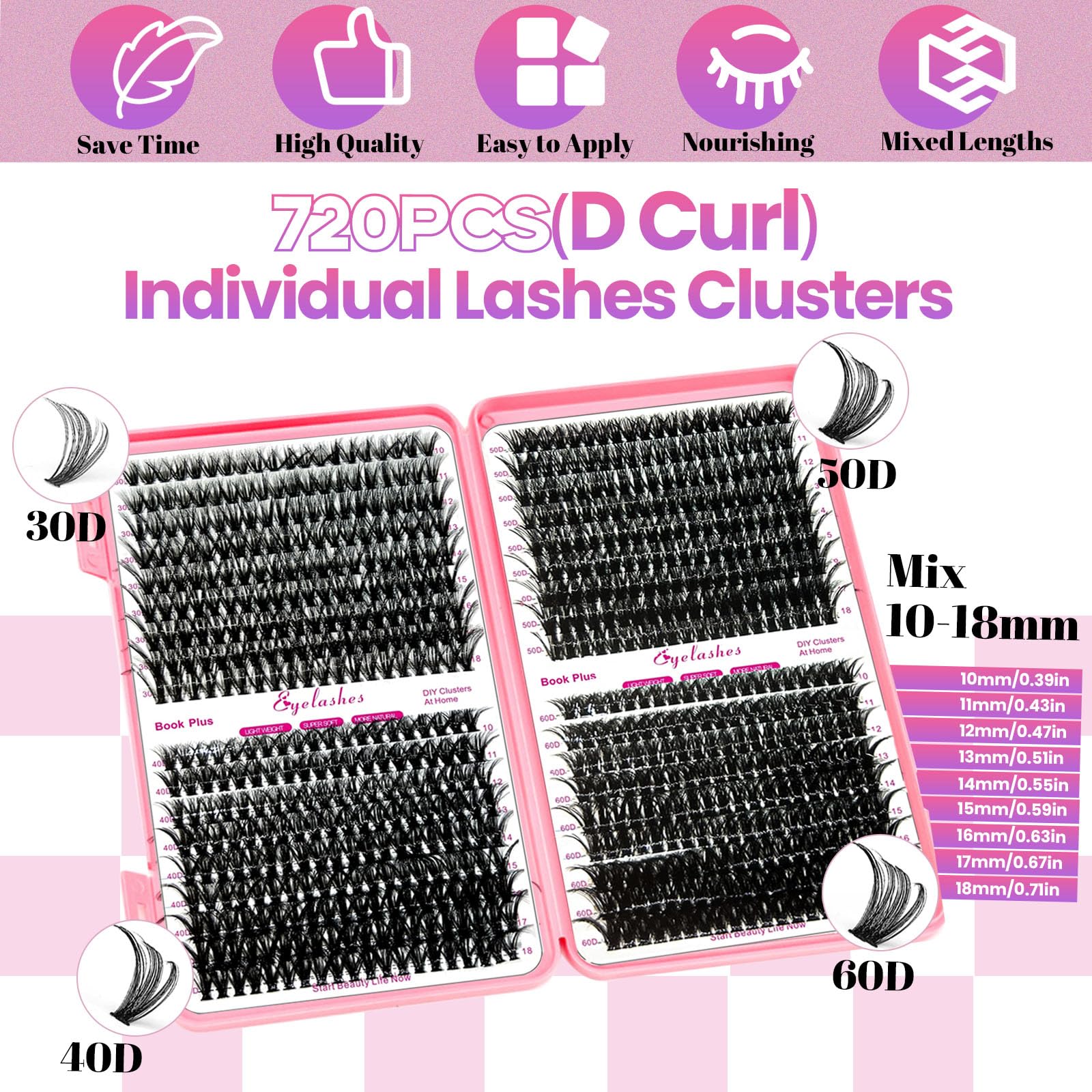 Qiveaory clusters cils 10-18mm-30d-40d-50d-60d: variations de longueurs pour looks variés et naturels