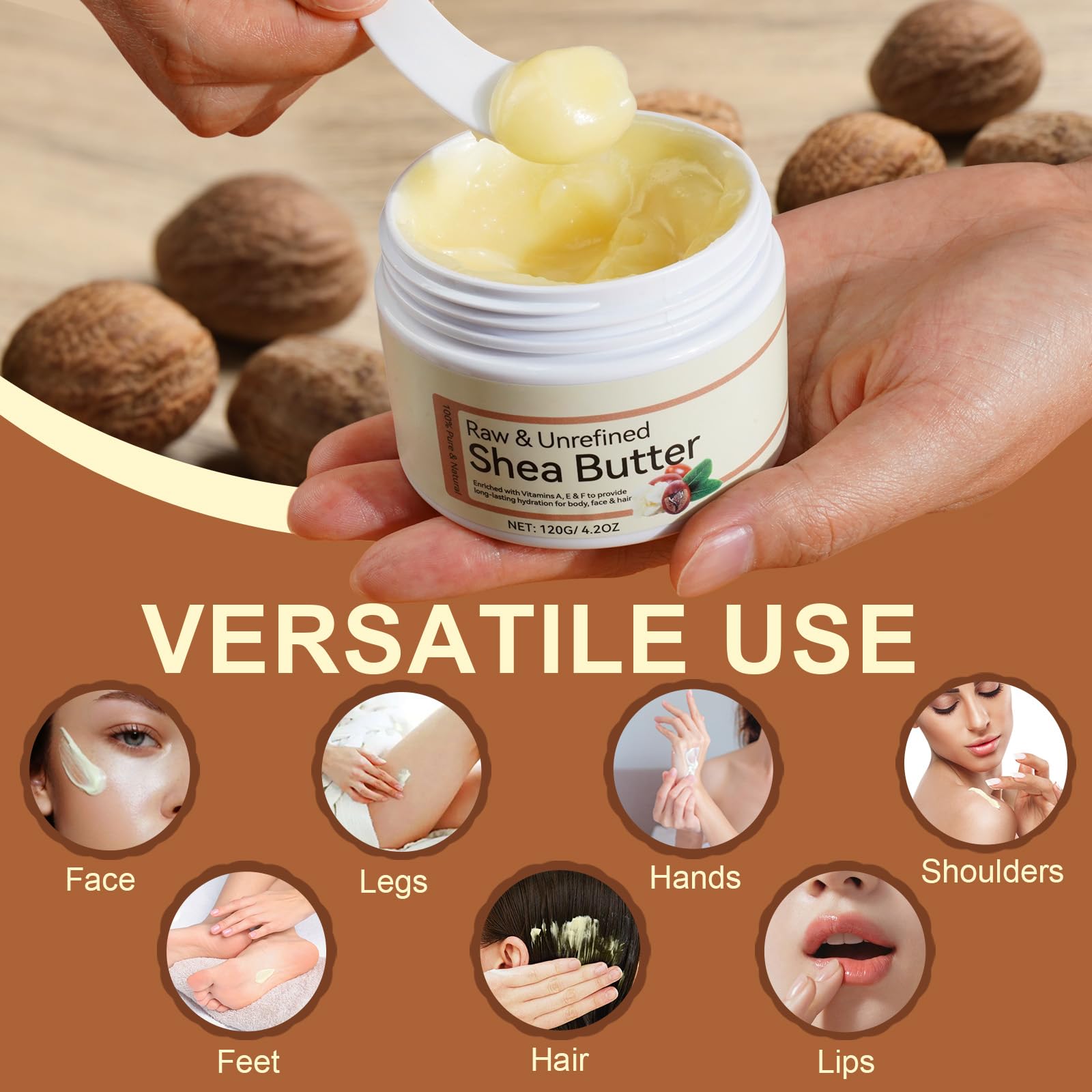 QJCWXIAOX Soin visage-cheveux-corps au karité brut, adaptable à toute routine.