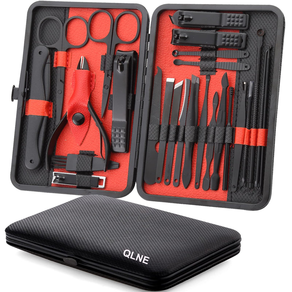 Coffret QLNE manucure 25-en-1 avec étui portable, pratique en voyage.