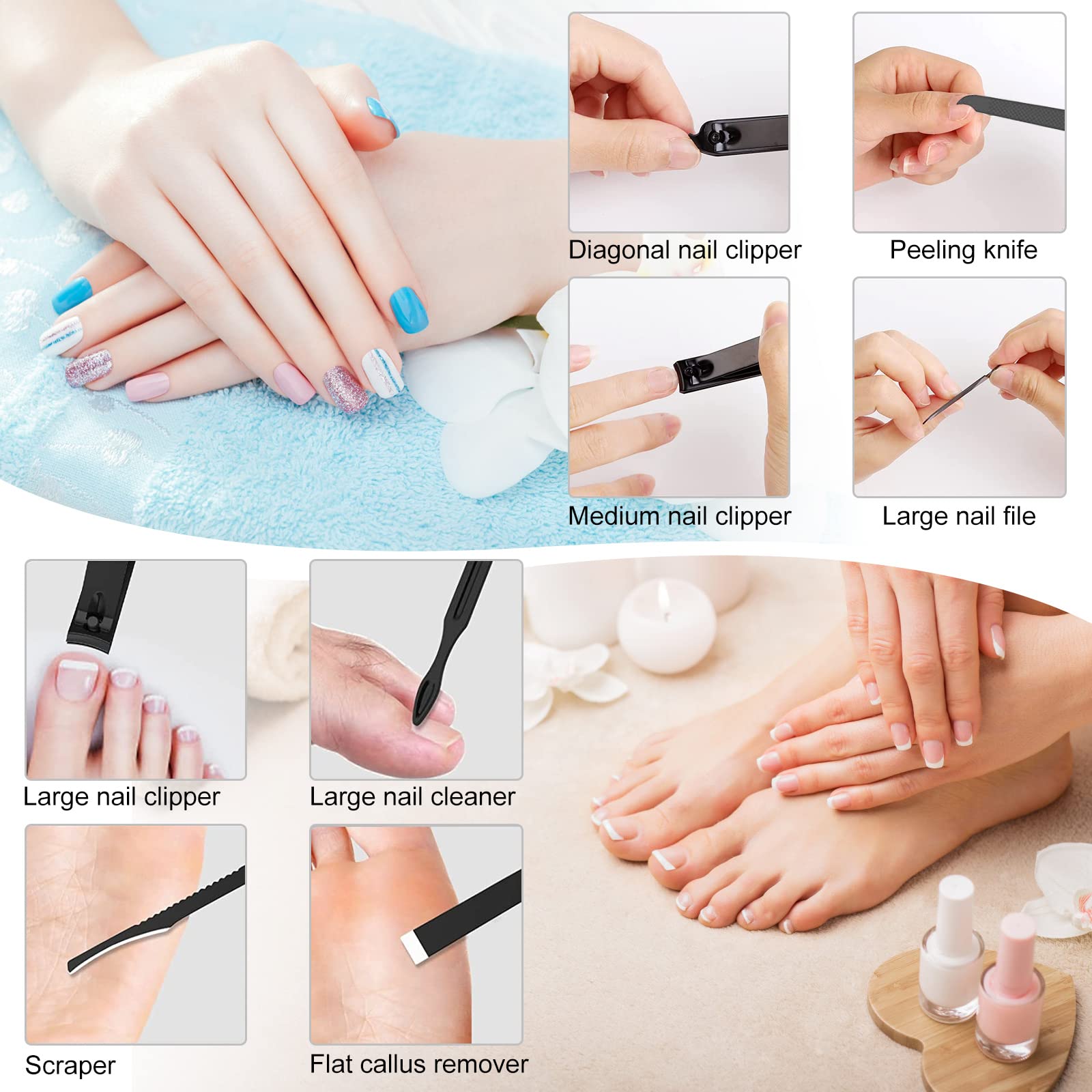 Set d outils polyvalents QLNE, idéal pour soins quotidiens des ongles.