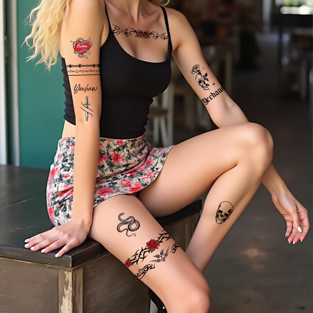 Tatouage Qpout cuisses, fil de fer barbelé, parfait pour scènes et cosplay.