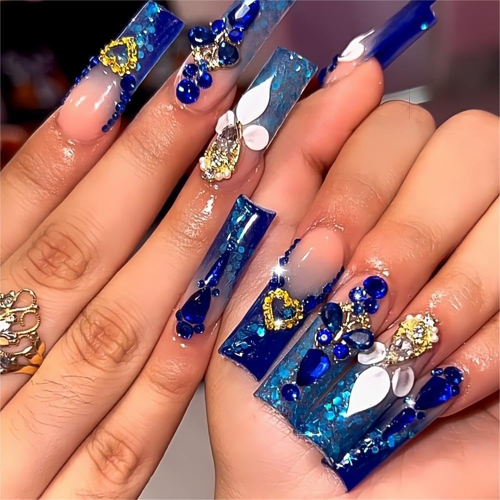 QQPPOLIU onglets adhésifs longs carrés bleus avec strass, pour une apparence élégante en quelques minutes.