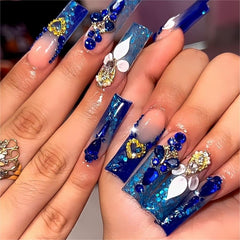 QQPPOLIU onglets adhésifs longs carrés bleus avec strass, pour une apparence élégante en quelques minutes.