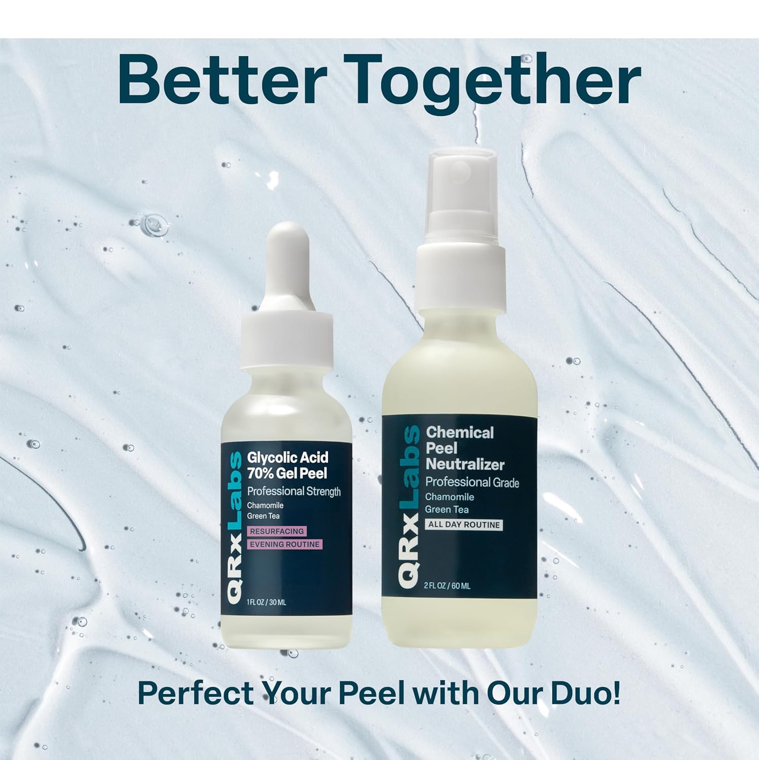 QRxLabs Application Visage Peel Glycolique, démonstration pour peau revitalisée.
