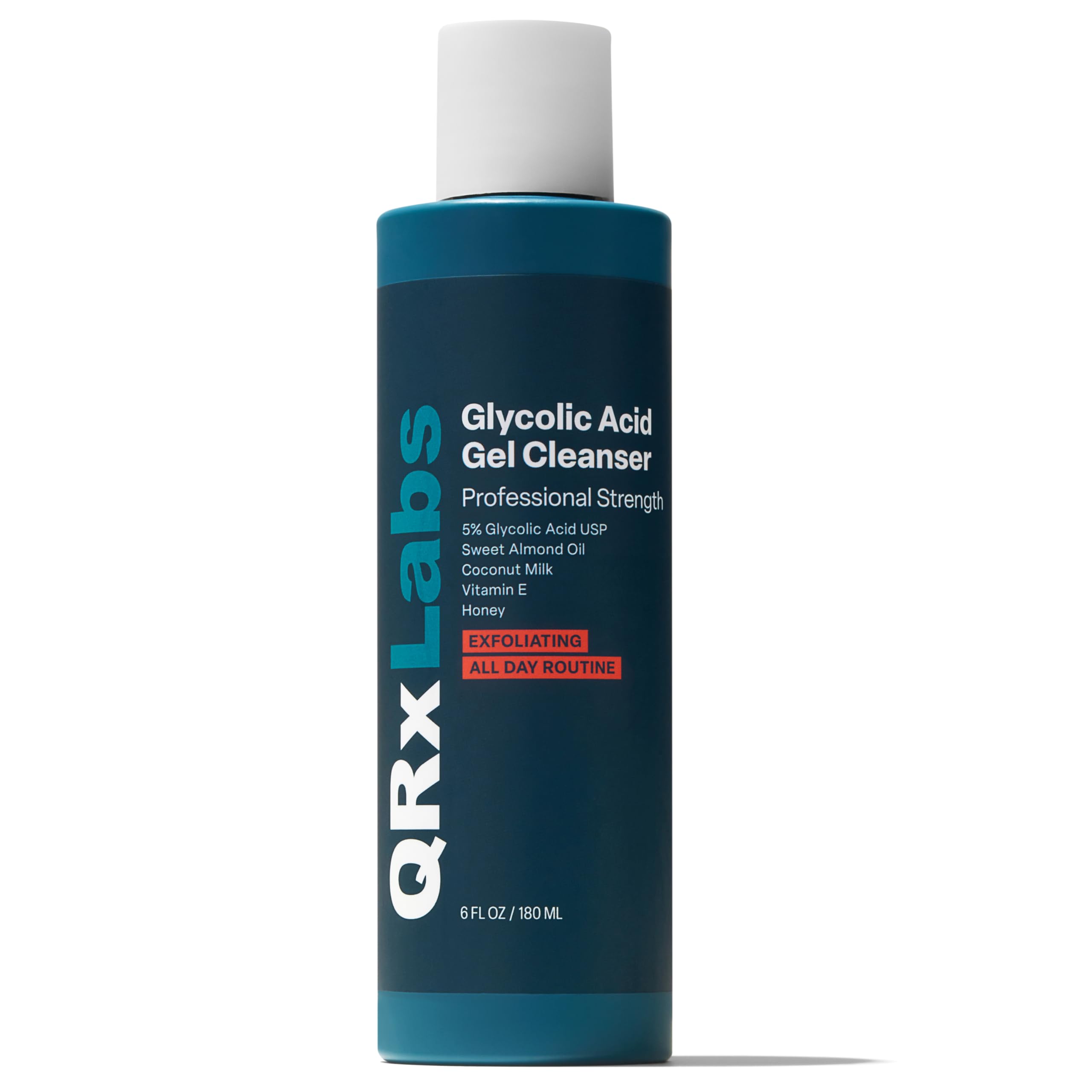 QRxLabs: bouteille de gel nettoyant acide glycolique, exfolie en douceur.