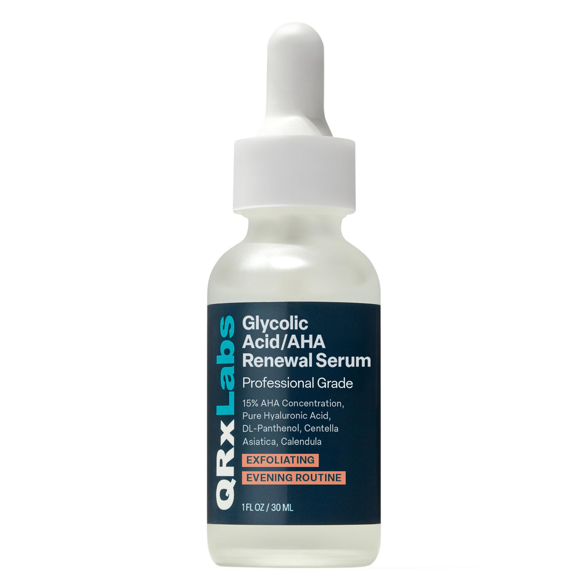 QRxLabs Glycolique 15% sur visage pour un éclat naturel.