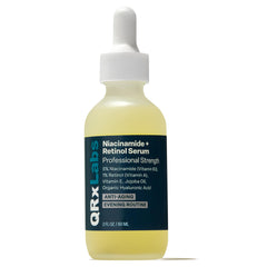 QRxLabs sérum niacinamide-retinol-alpha-arbutine dans flacon, pores visiblement plus nets et teint lumineux.