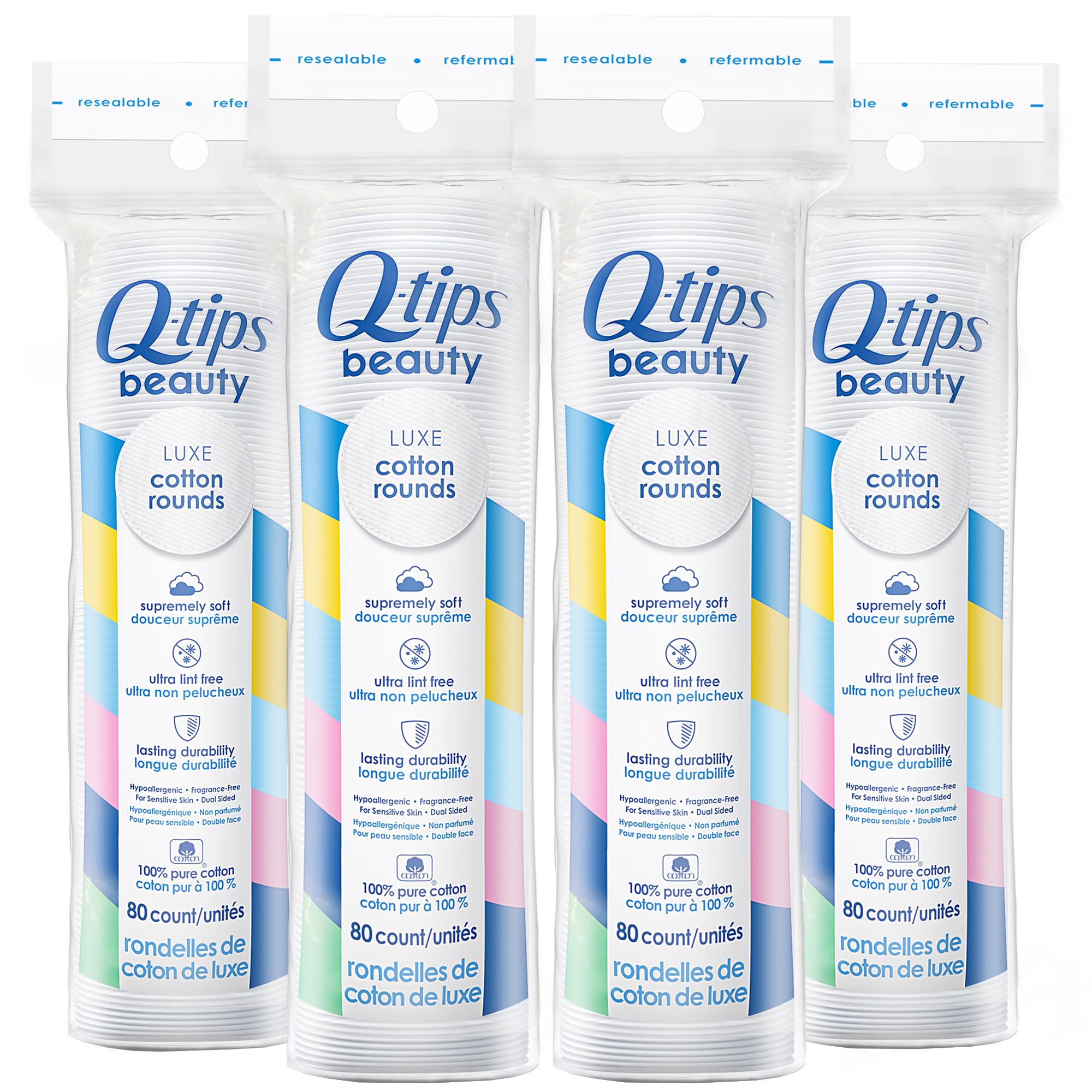Q-tips Beauté Luxe coton ronds, côté gaufré pour une application précise et agréable.