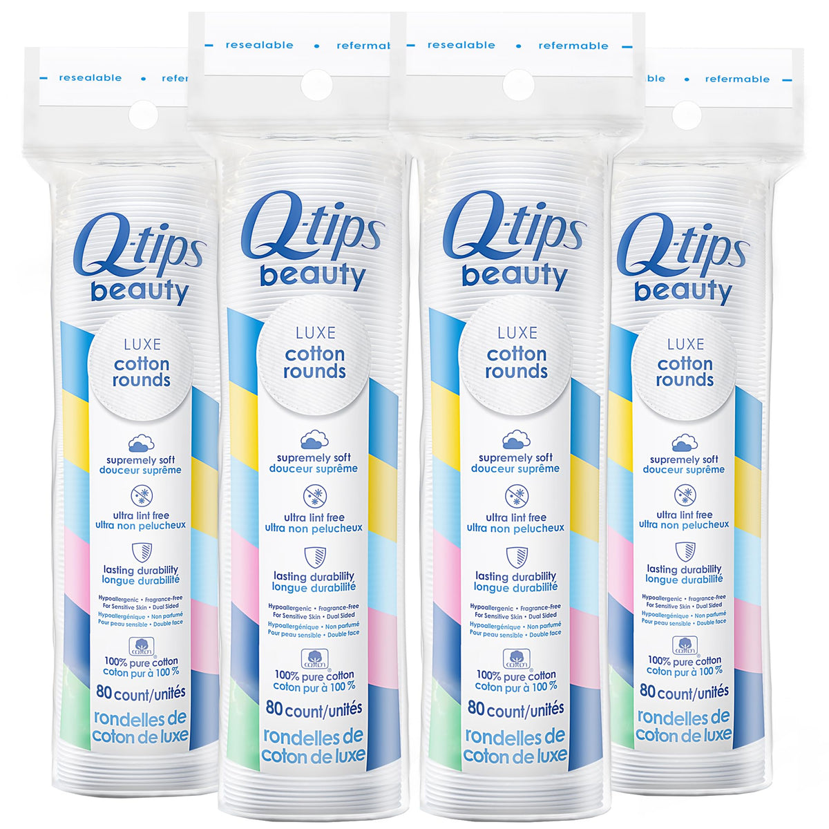 Q-tips Beauté Luxe coton ronds, côté gaufré pour une application précise et agréable.