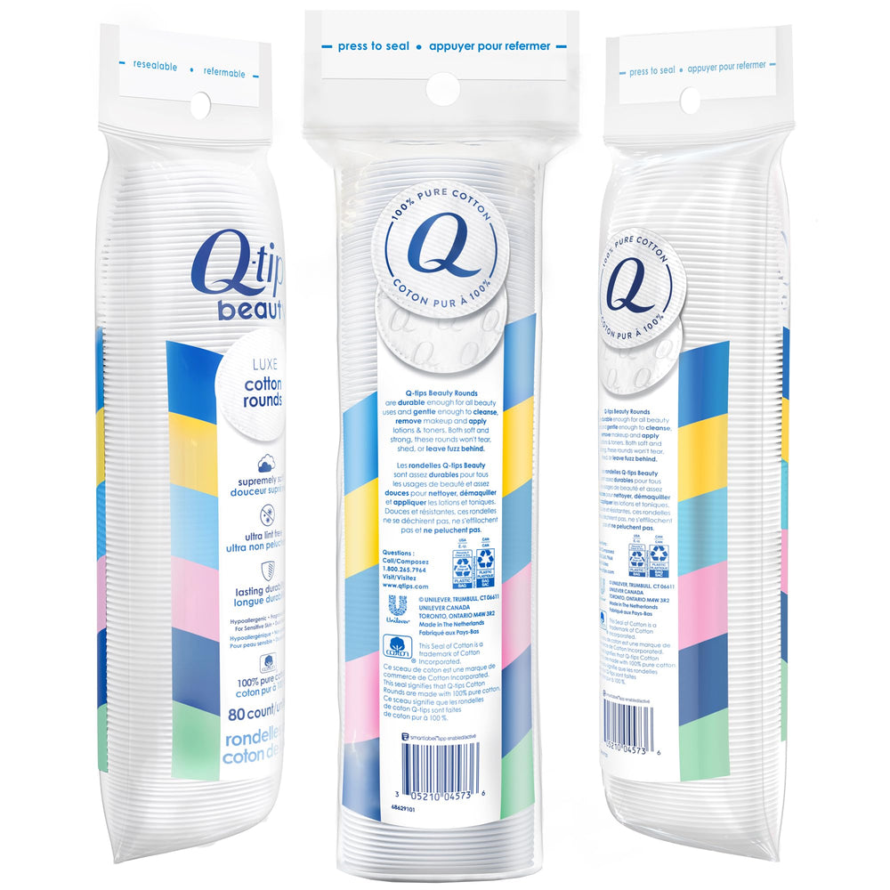 Q-tips Beauté Luxe coton ronds, emballage réutilisable et pratique pour le voyage.