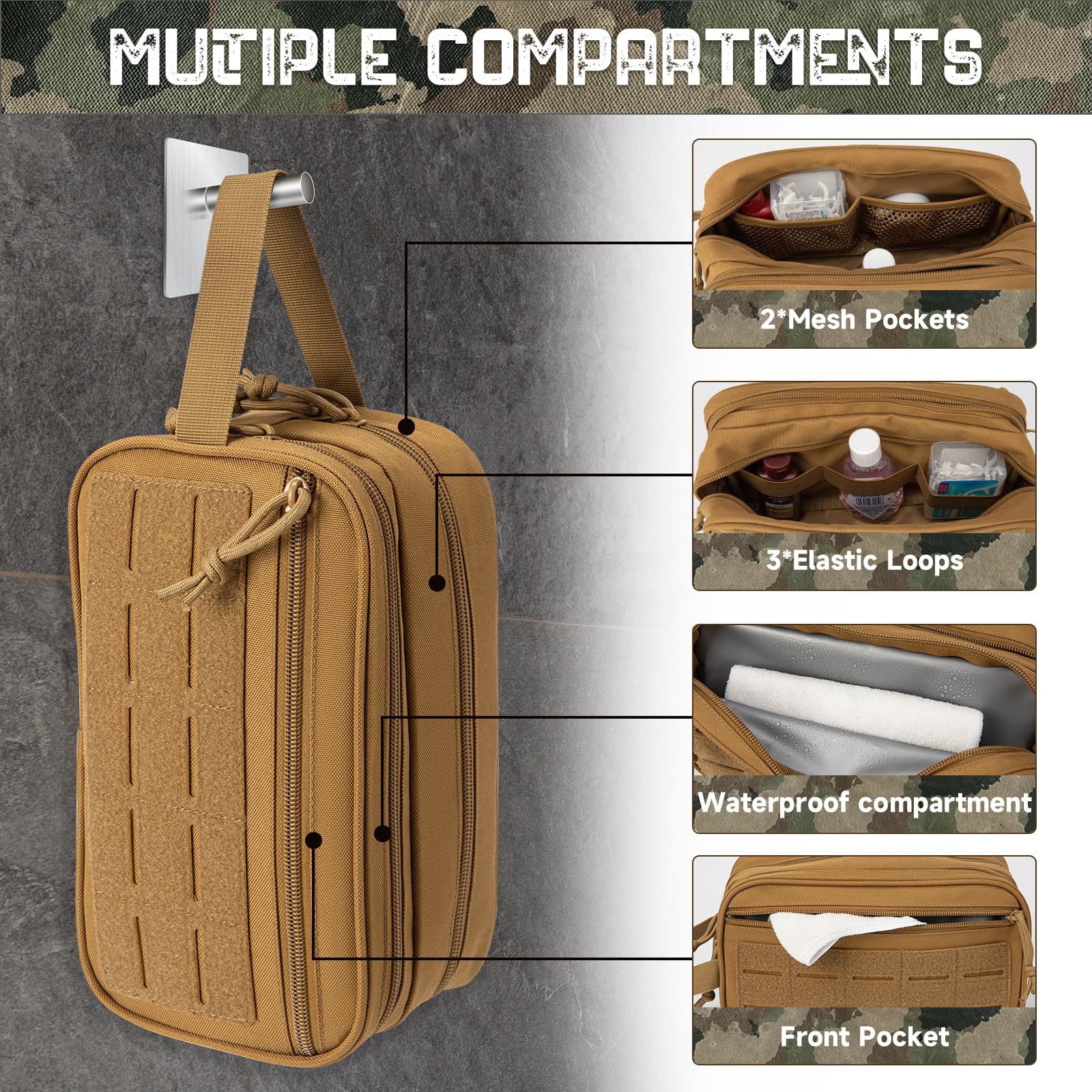 QT&QY trousse toilette tactique avec poignée latérale et design MOLLE.