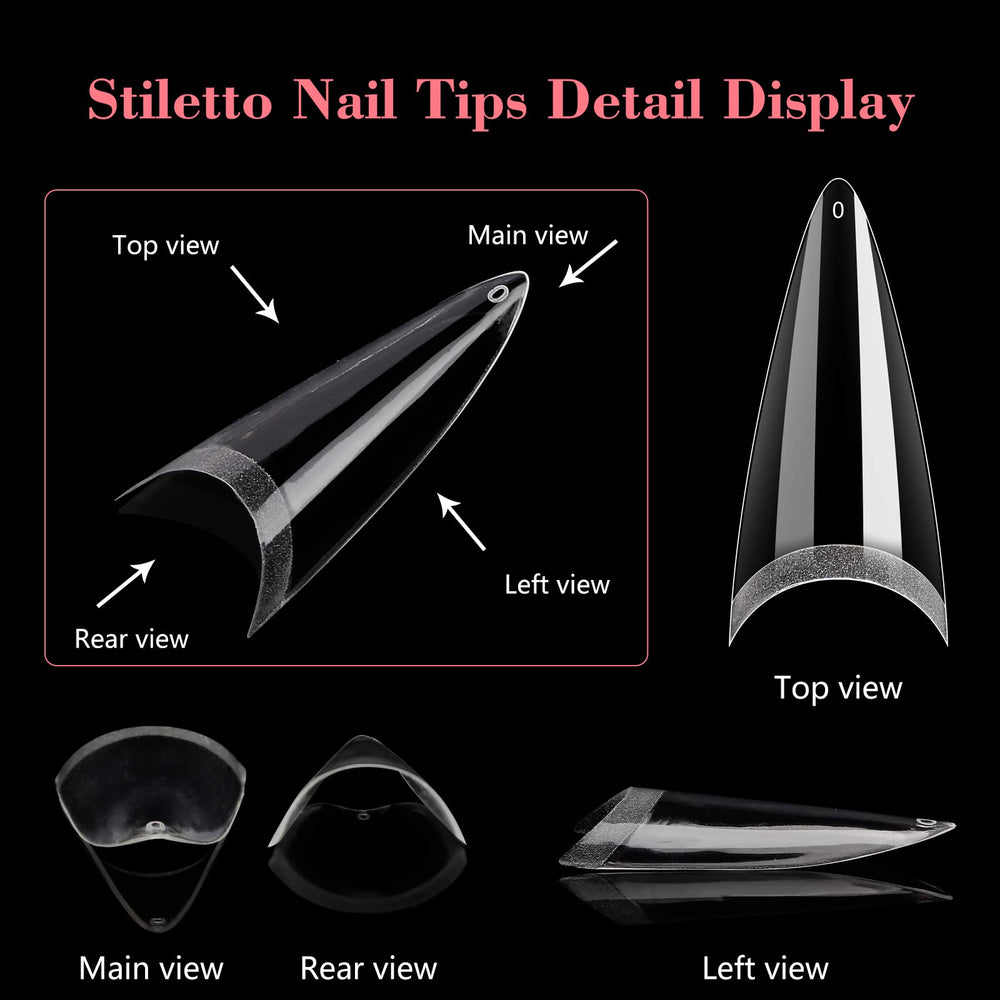 Tip stiletto transparents Quaferen, demi-couvercle, disponible en 11 tailles pour ajustement précis.
