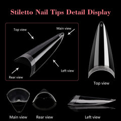 Tip stiletto transparents Quaferen, demi-couvercle, disponible en 11 tailles pour ajustement précis.