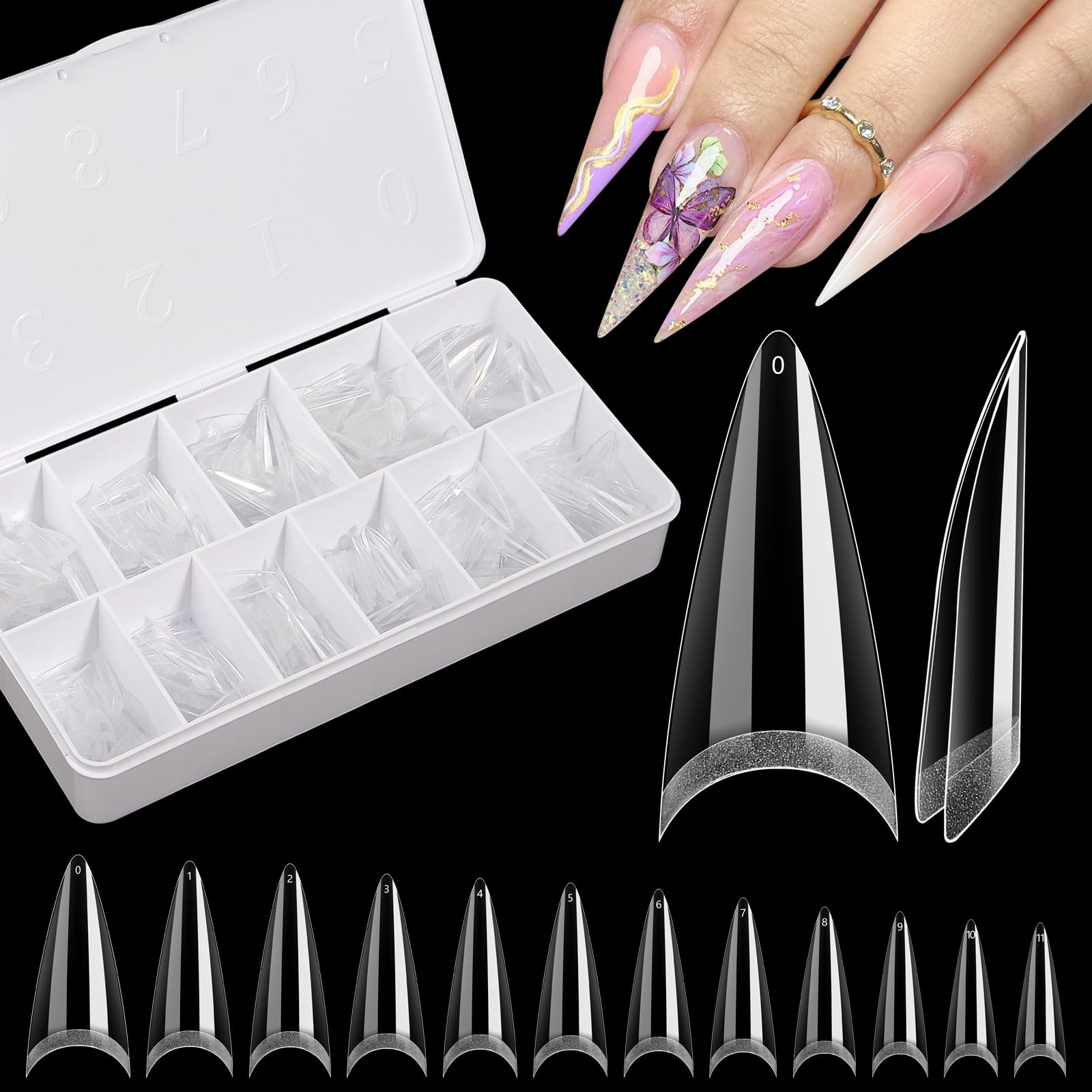 Tip stiletto transparents Quaferen, demi-couvercle, pose durable et nette.
