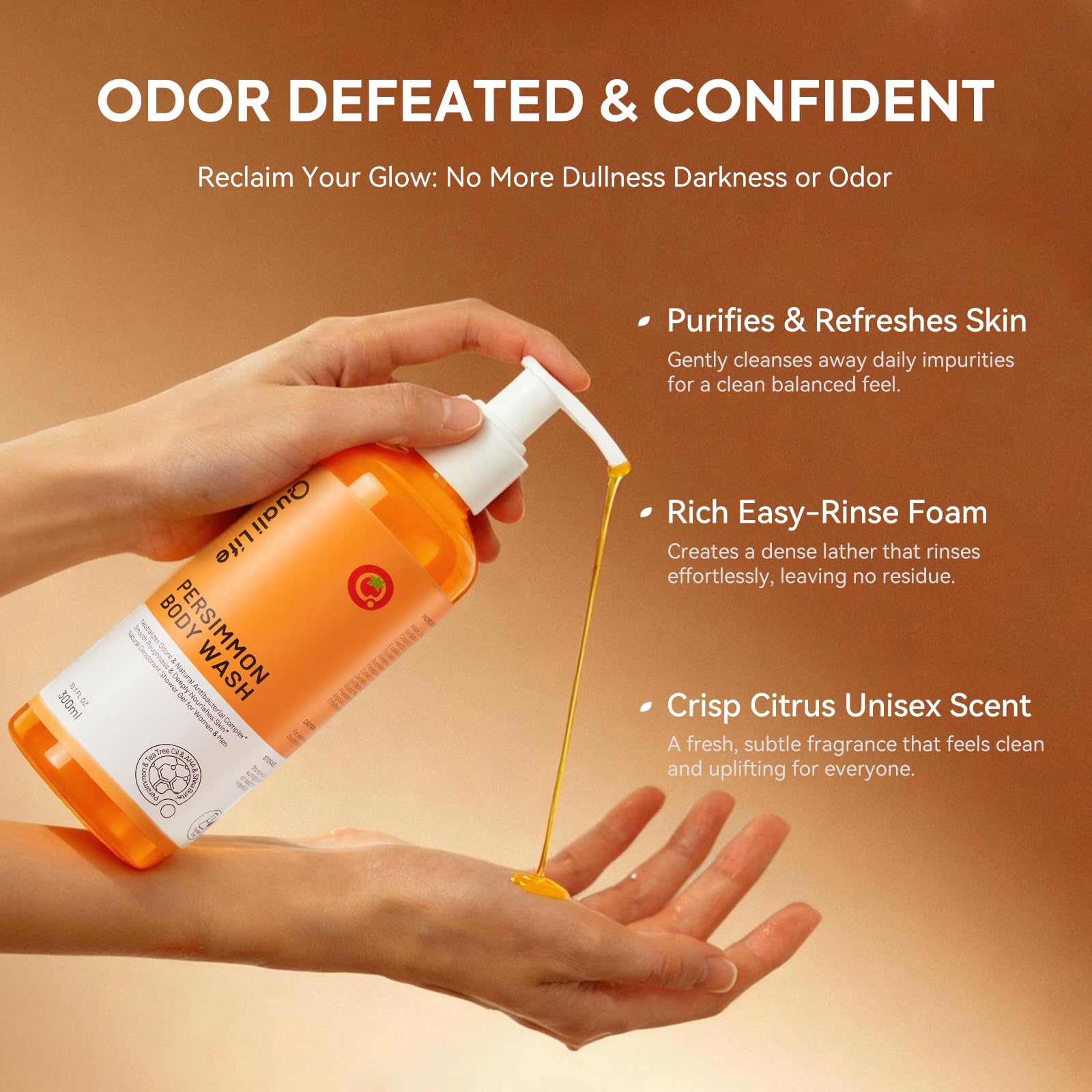 QualiLife Persimmon Gel Douche – ingrédients huile-olive offrant hydratation naturelle.