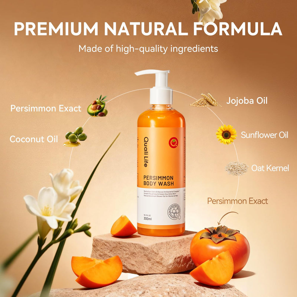 QualiLife Persimmon Gel Douche – neutralisation-odeurs pour une sensation de propreté.