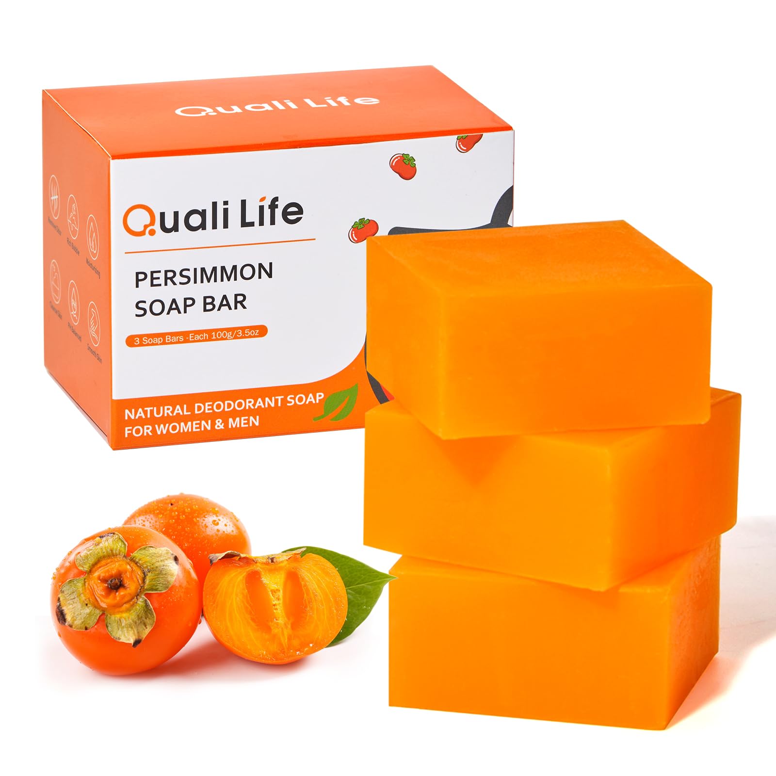 QualiLife Savon Persimmon : vue d’ensemble de la barre et emballage écoresponsable.