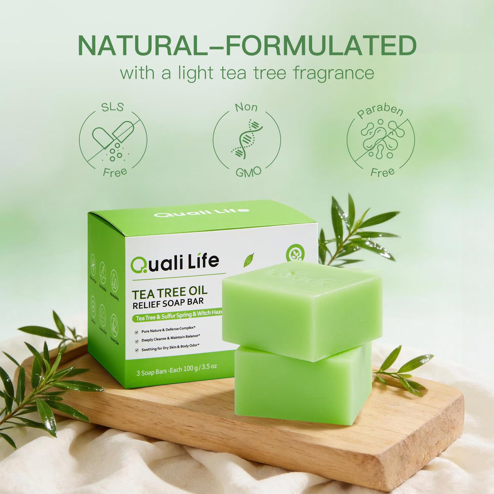 QualiLife Tea Tree Soap in a skincare routine image showing versatility.