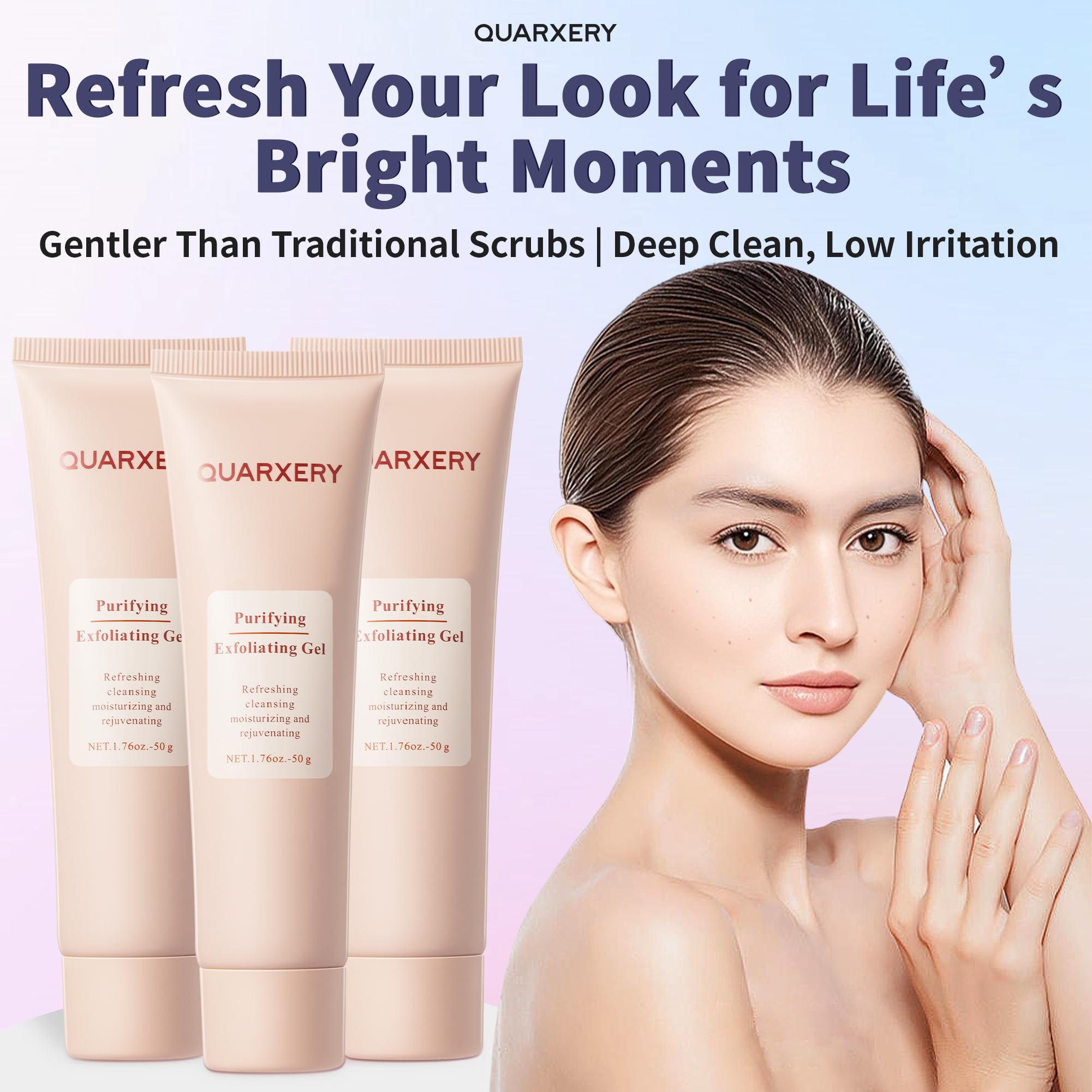 Le gel exfoliant QUARXERY, ingrédients naturels, offre hydratation et apaisement.