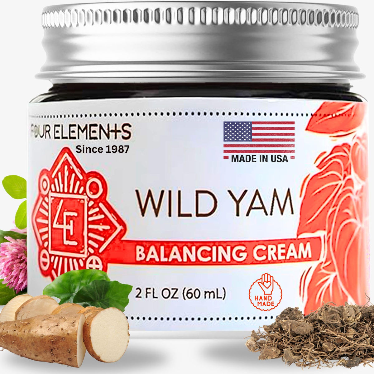 Crème équilibrante Four Elements 4E dans sa bouteille, soutien potentiel à l'équilibre naturel.
