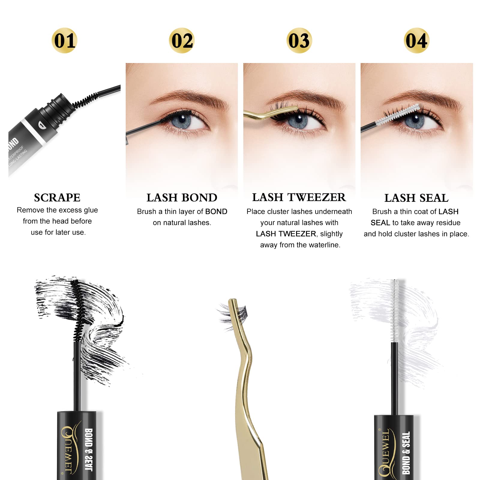 Compatible avec différents types de cils avec QUEWEL Lash Clusters Bond & Seal