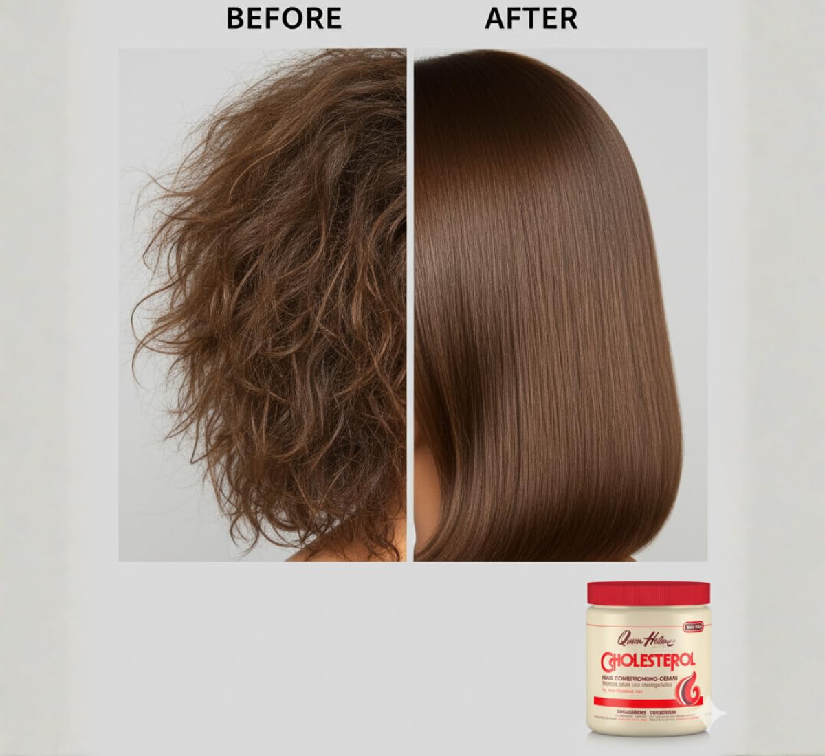 Cheveux lisses et plus faciles à coiffer après le soin Queen Helene.