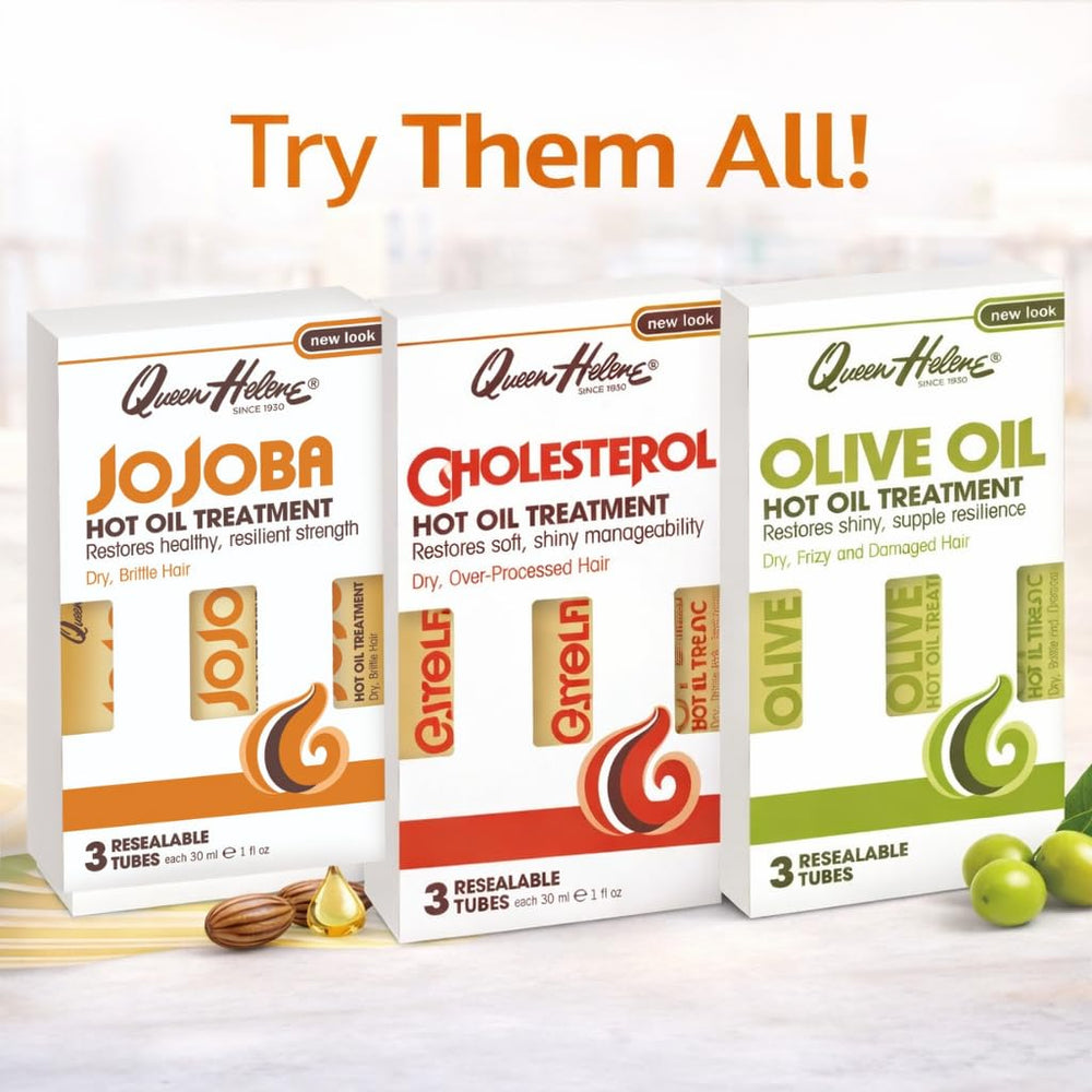 Queen Helene Cholesterol Hot Oil Treatment hair-tone-shine suggests improved gloss after use