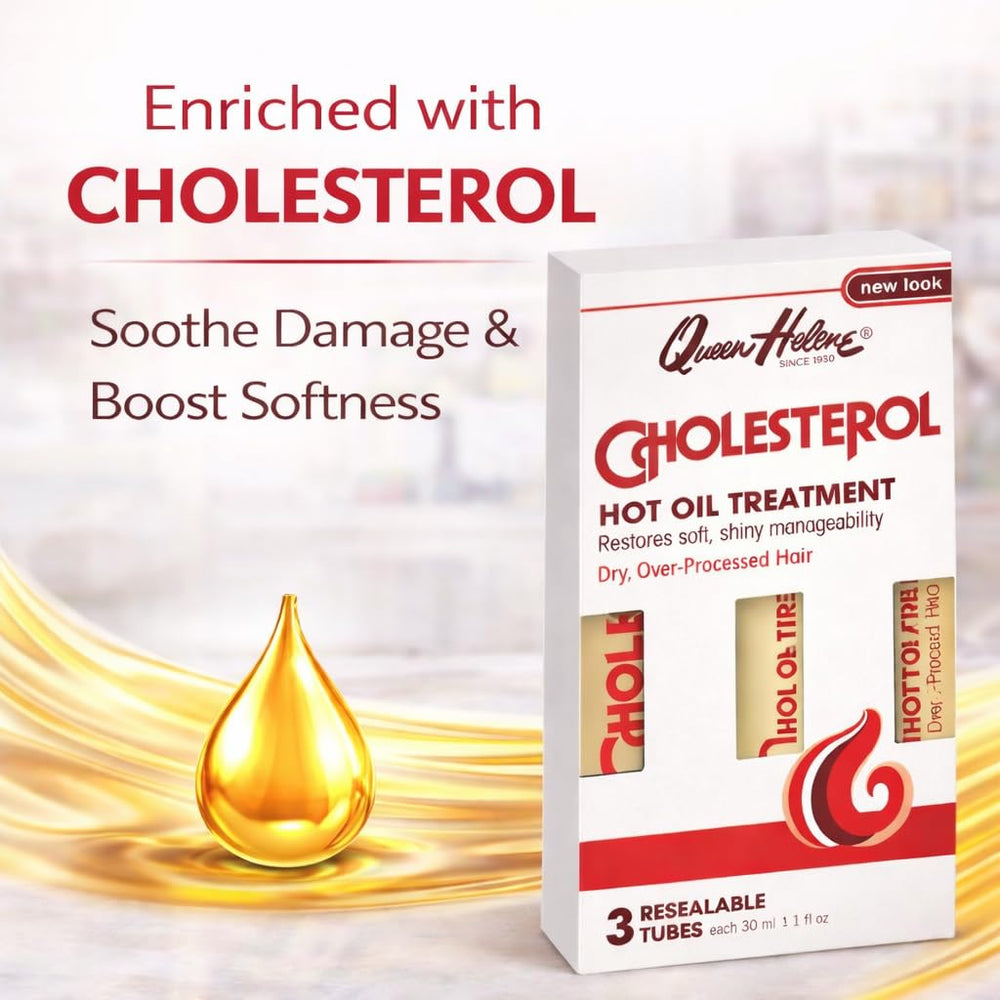Queen Helene Cholesterol Hot Oil Treatment pack-3 showcases convenient, resealable tubes for at-home care
