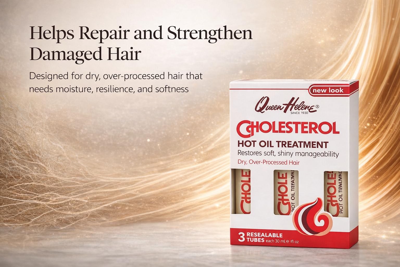 Queen Helene Cholesterol Hot Oil Treatment tubes-packaging highlights portability and simple storage