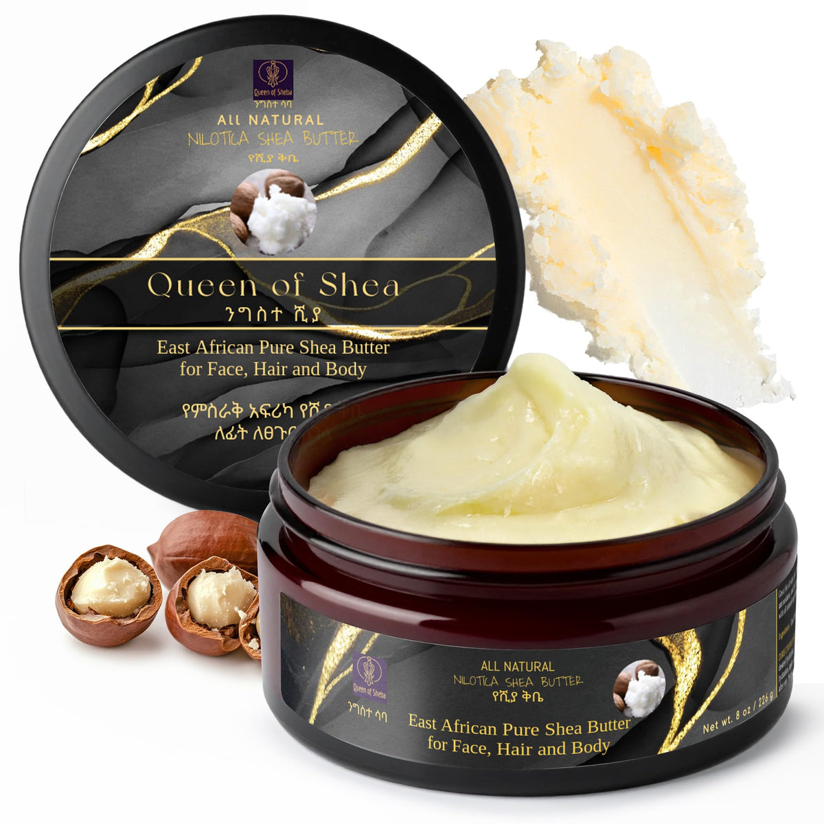 Beurre de karité brut Queen of Shea sur visage, hydratation douce et durable