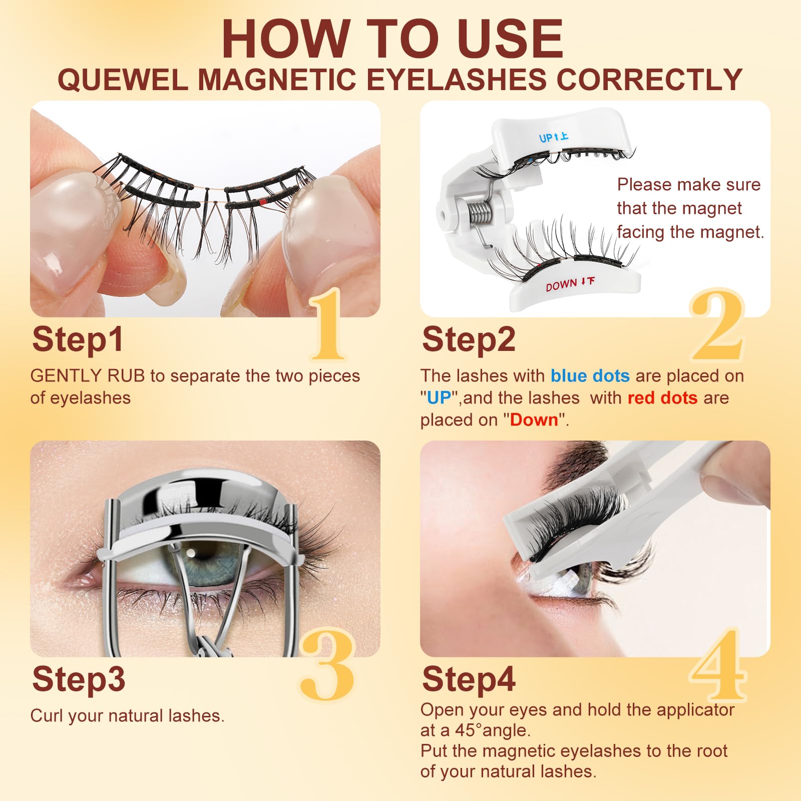 Les aimants doux de QUEWEL assurent un confort durable lors du port des cils.