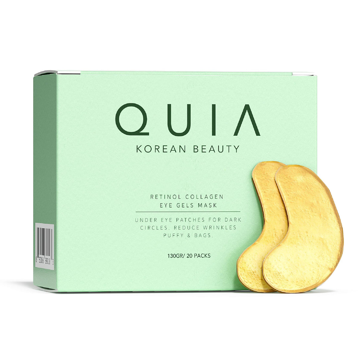 Patchs hydrogel yeux QUIA Beauty appliqués, dégonfle les poches rapidement.
