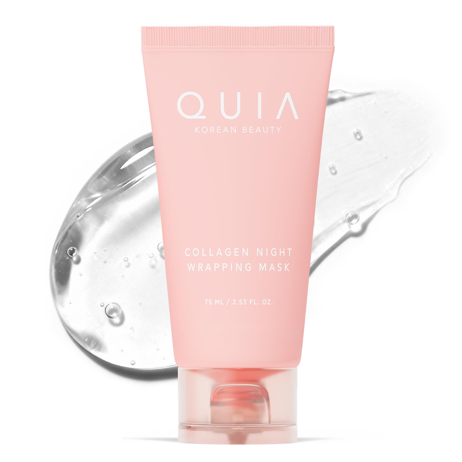 QUIA Beauty masque enveloppant au collagène, bouteille 75 ml, soin profond pour peau fraîche.