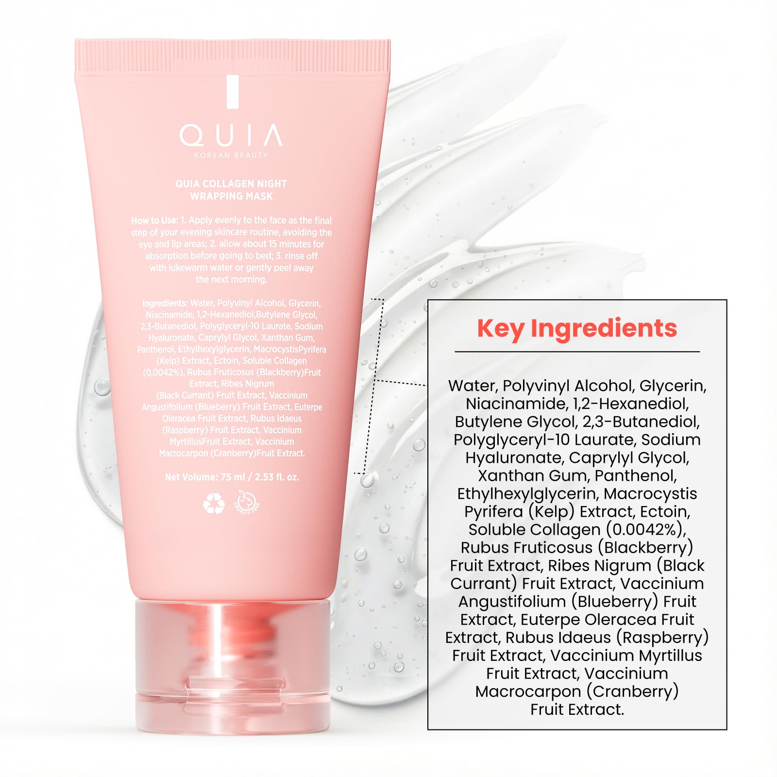 QUIA Beauty masque enveloppant au collagène, expérience spa à domicile, décollement nocturne.