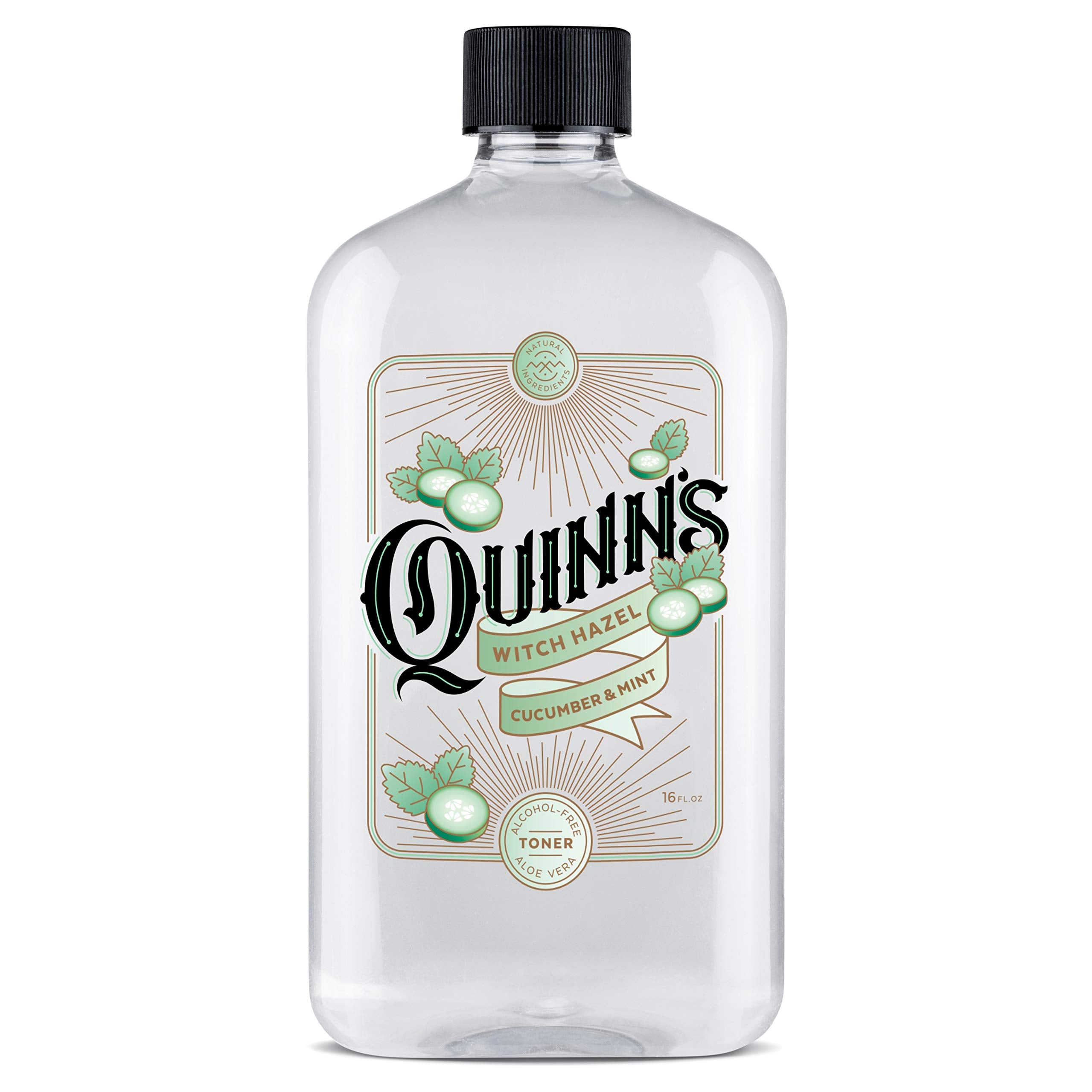 Quinn's hamamélis sans alcool, bouteille visible avec concombre et menthe, rafraîchit la peau.