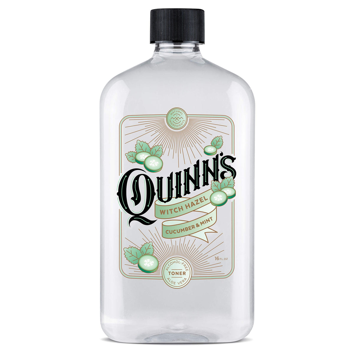 Quinn's hamamélis sans alcool, bouteille visible avec concombre et menthe, rafraîchit la peau.