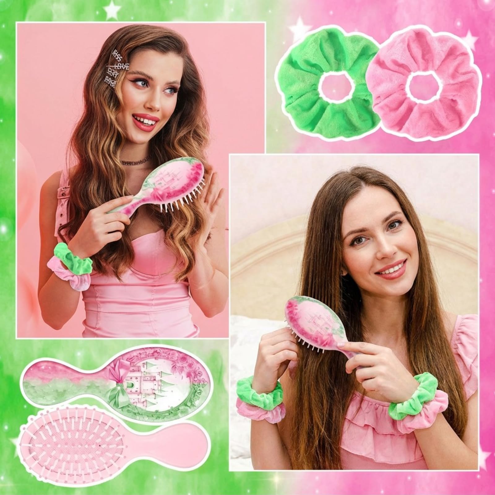 Accessoires sorcieres stylises et velours rose/vert, parfaits pour fete