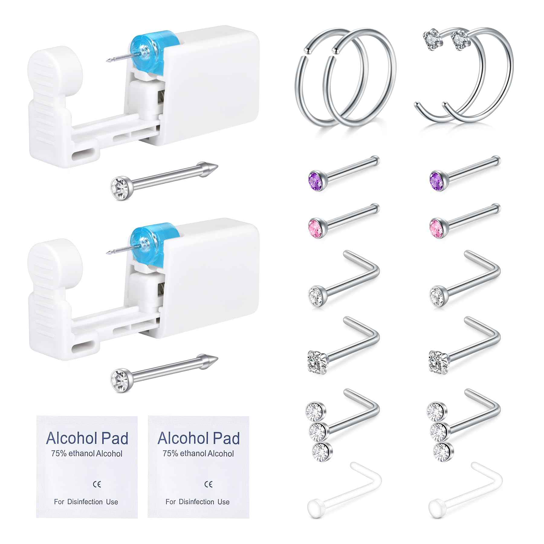 QWALIT kit piercing nez 2pcs, deux pistolets jetables pour usage à domicile.