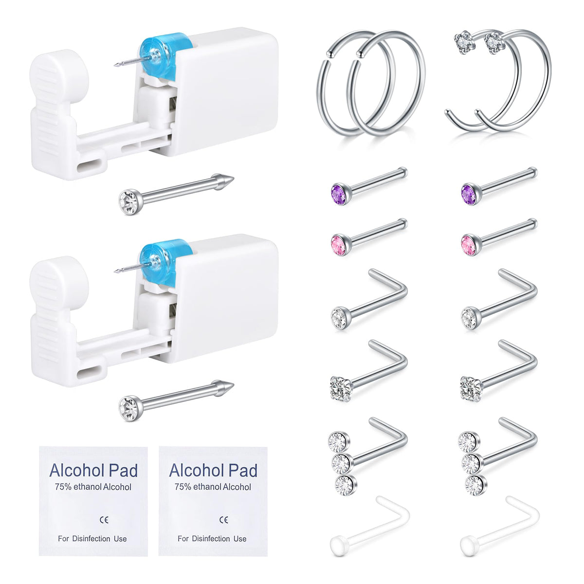 QWALIT kit piercing nez 2pcs, deux pistolets jetables pour usage à domicile.