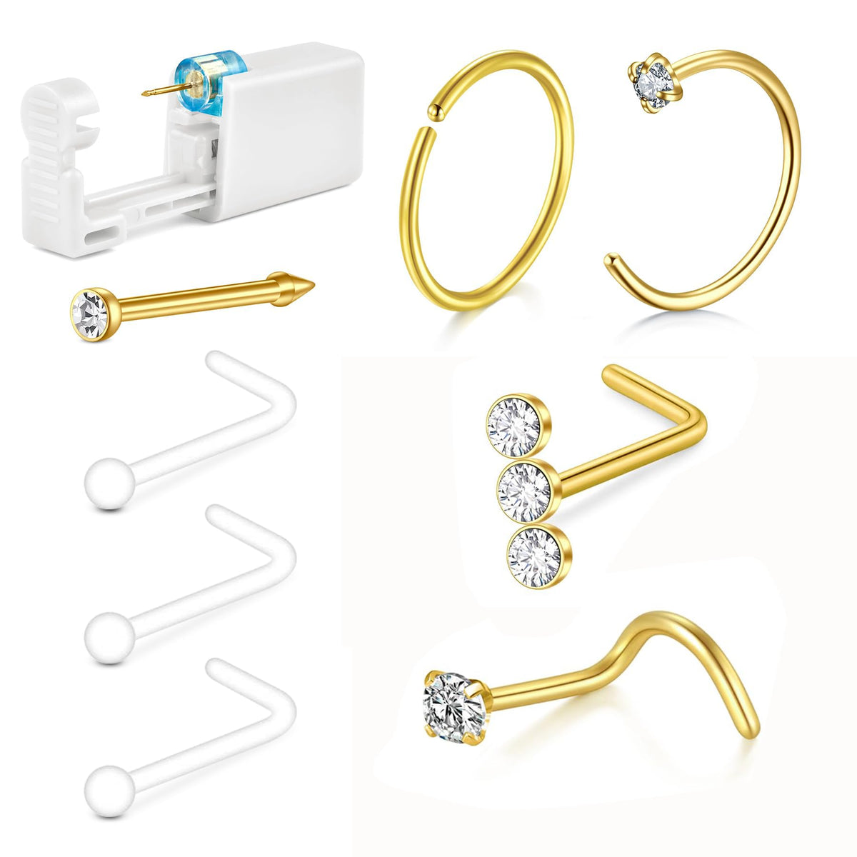 QWALIT kit piercing nez doré avec pistolet, pratique à domicile