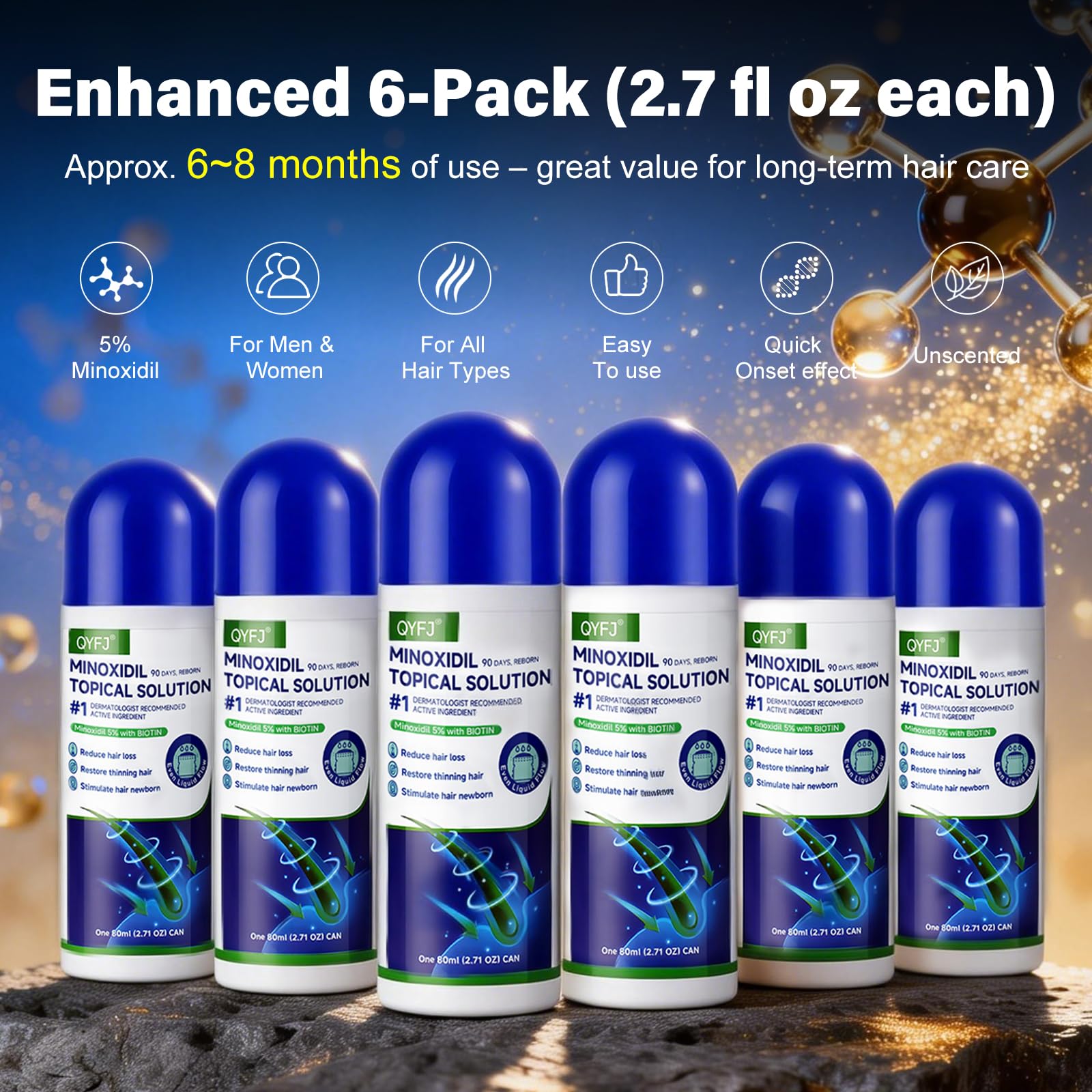 QYFJ Minoxidil: utilisation quotidienne peut favoriser cheveux plus denses et barbe plus fournie.