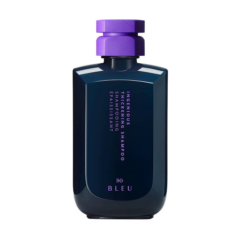 R+Co BLEU: bouteille bleue du shampooing, volume et brillance accrus.